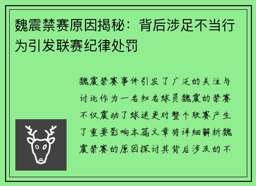魏震禁赛原因揭秘:背后涉足不当行为引发联赛纪律处罚 魏震禁赛原因揭秘:背后涉足不当行为引发联赛纪律处罚